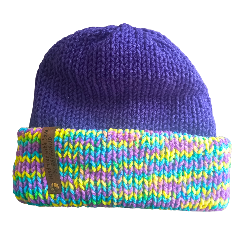 Variegated (Cool Colours) and Royal Bluel Two Tone Fisherman Beanie