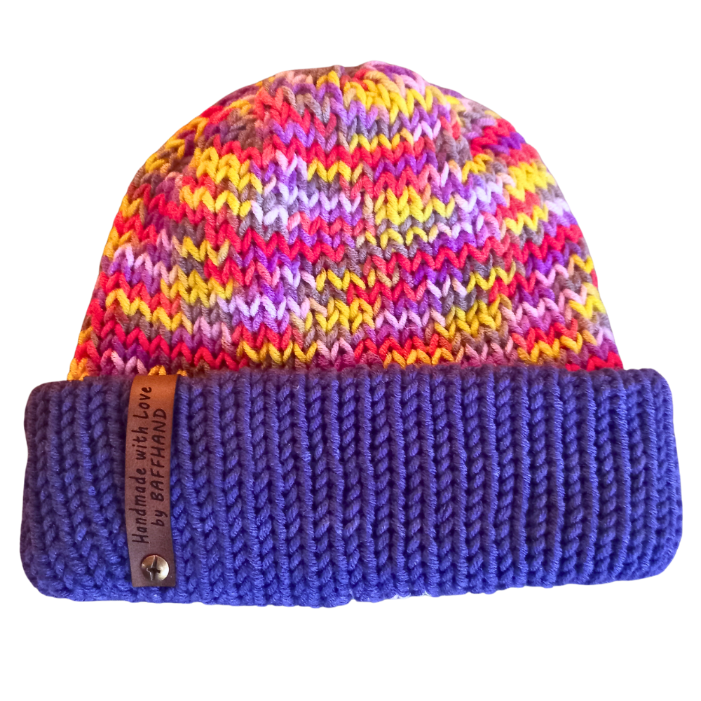 Variegated (Warm Colours) and Royal Bluel Two Tone Fisherman Beanie