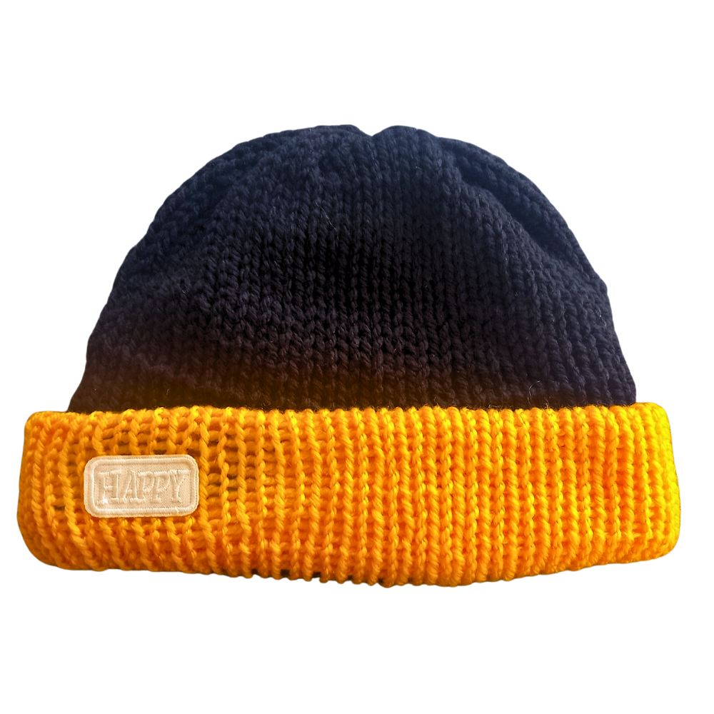 Two Tone Black and Yellow Fisherman Beanie with 'Hello' Patch