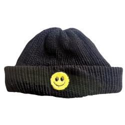 Black Single Colour Fisherman Beanie with Smiley Patch